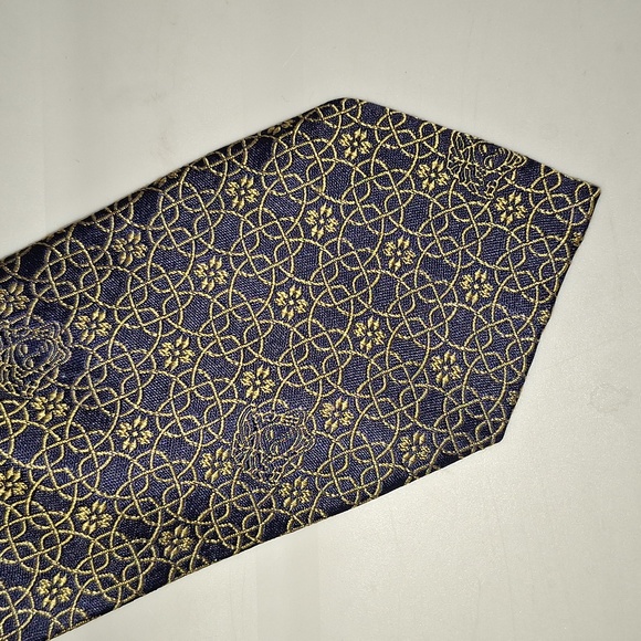 Vintage 90s Versace silk tie - navy blue/gold print
